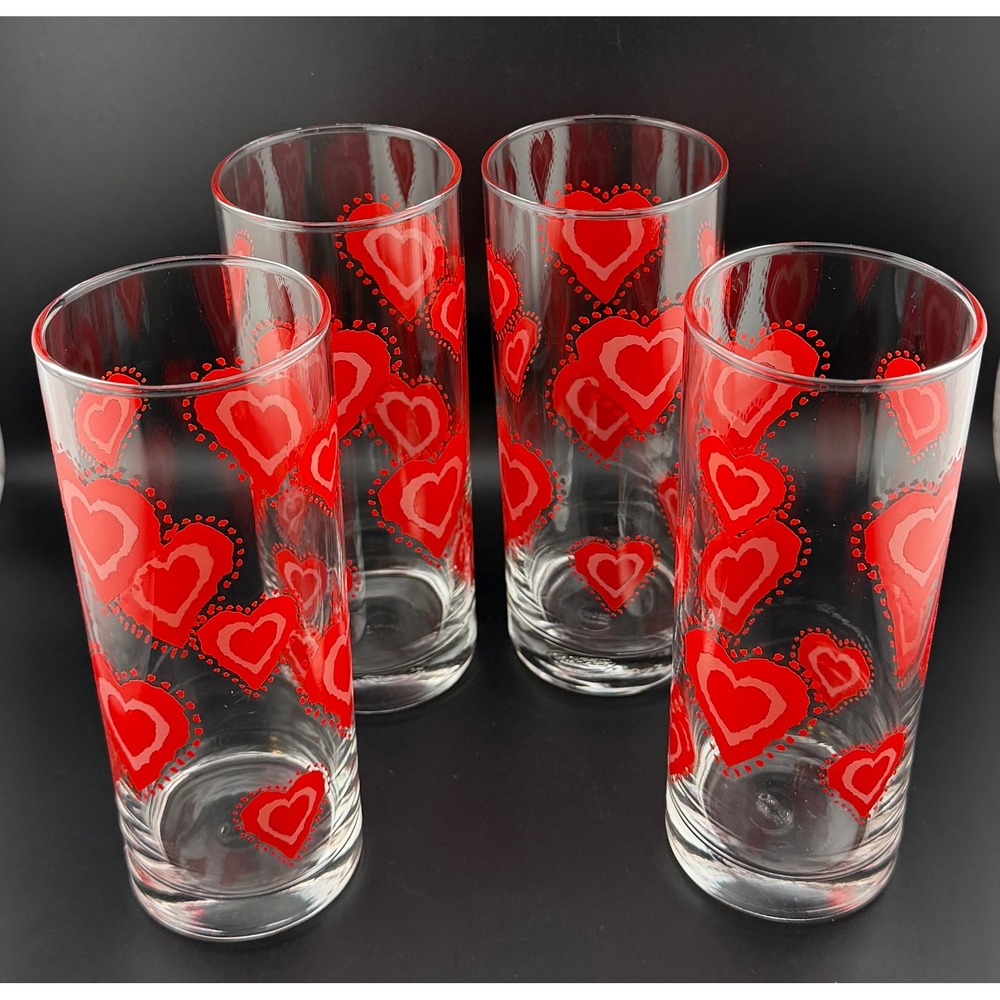 Ocean Glass Highball Glasses Set of 4 Red Hearts Valentine Love Romantic 12oz